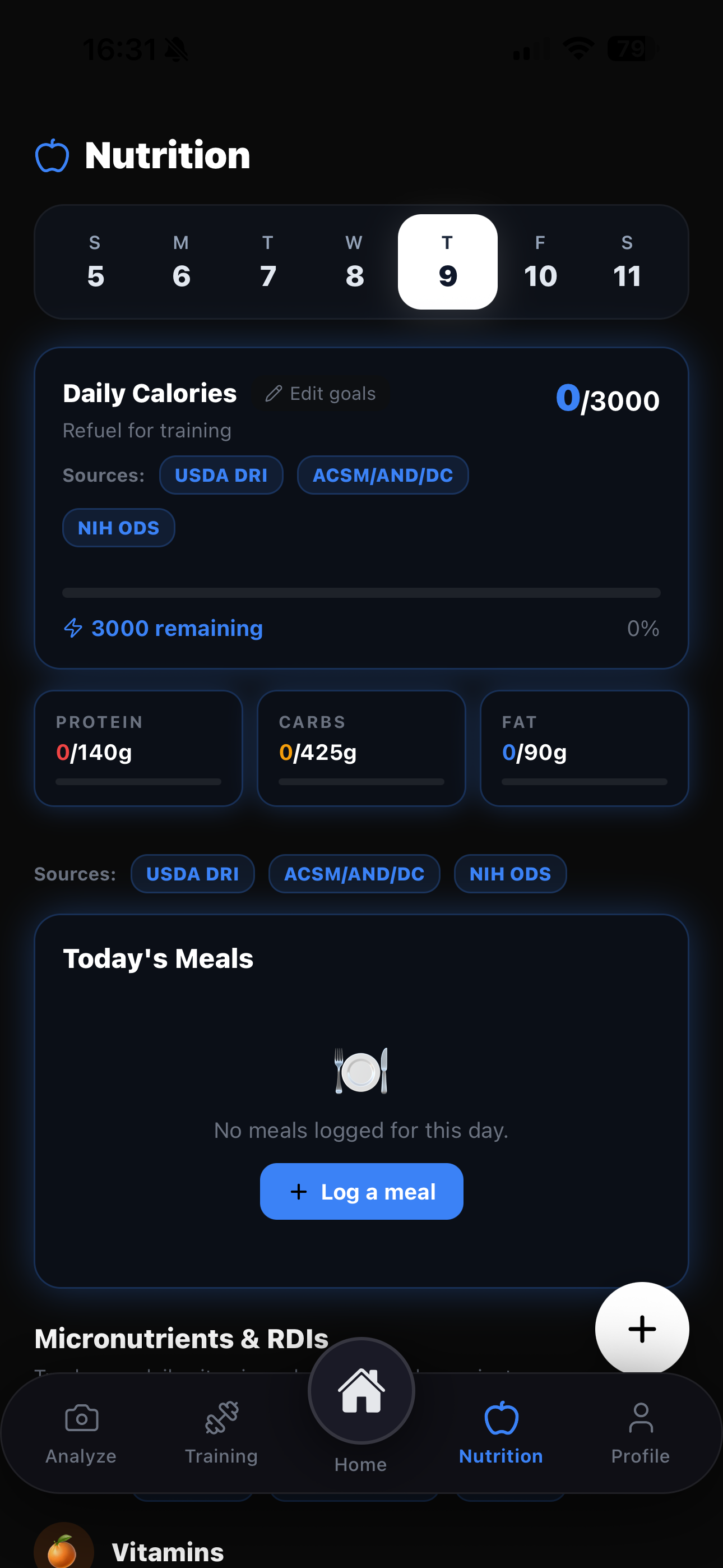 Dribly AI nutrition tracker screen with calories and macros