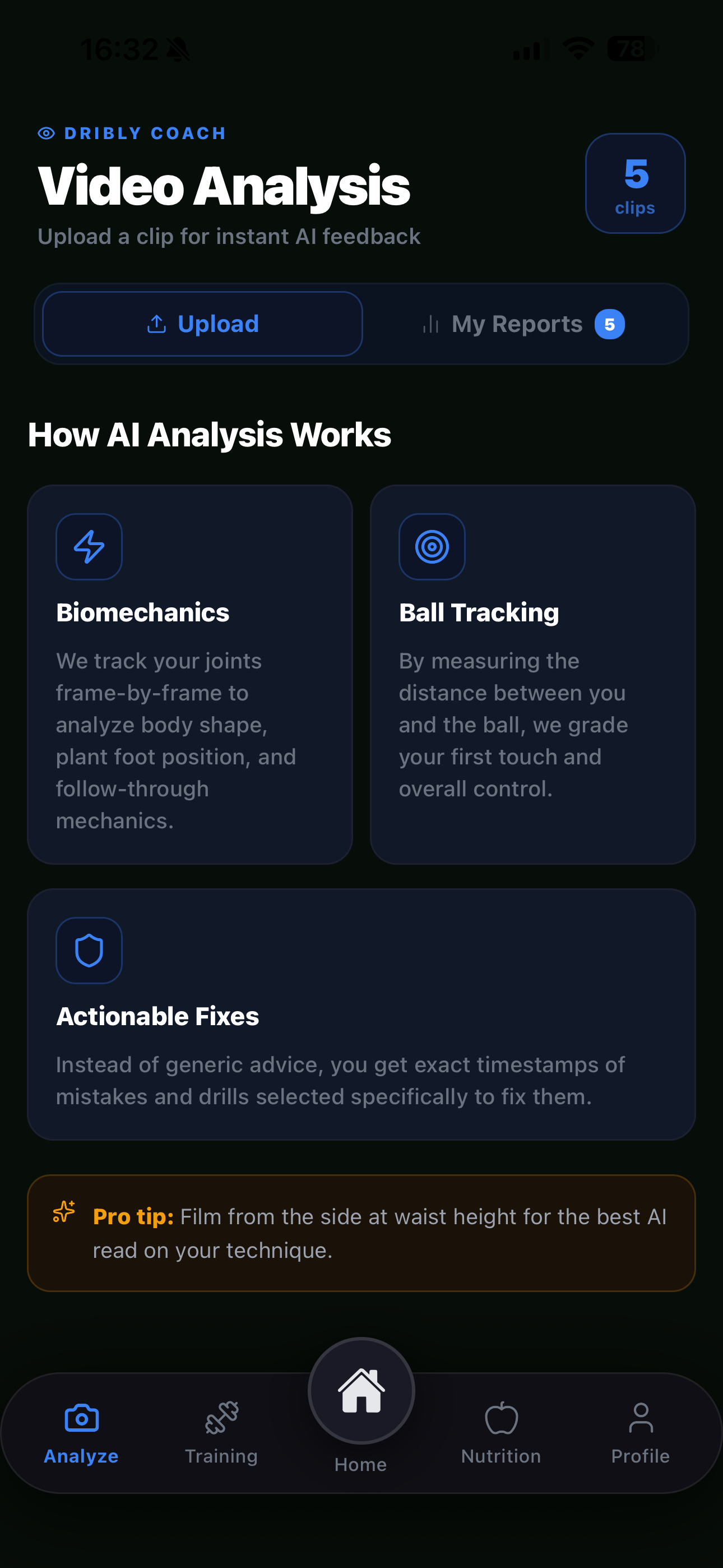 Dribly AI video analysis upload screen for football training clips